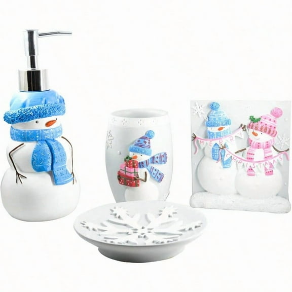 Christmas Bathroom Accories Snowman Bath Set with Soap DispenserToothbrush Holder Bath Tumbler and Snow Soap Tray White