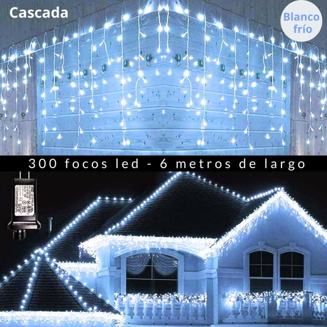 Cascadas de luces LED Blanco Frío 6mts 300 luces navideñas decoración luminosa para fiestas,navidad,exteriores e interiores, iluminación para temporada navideña ahorro energético
