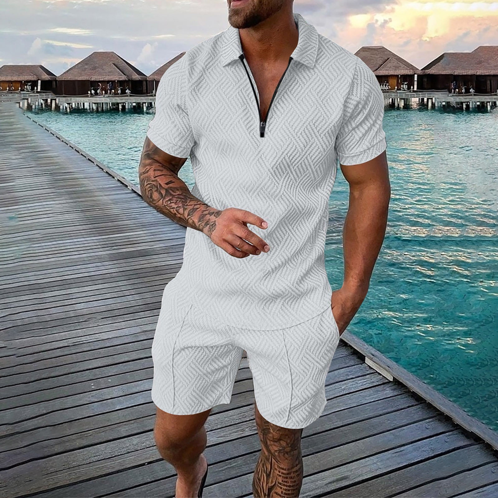 Mens Shirt Adult Male Men s Short Sleeve Shirts Men s Shirt and Shorts Set Summer Outfits Casual Short Sleeve Suit for Men 2 Piece Clothes White XXL