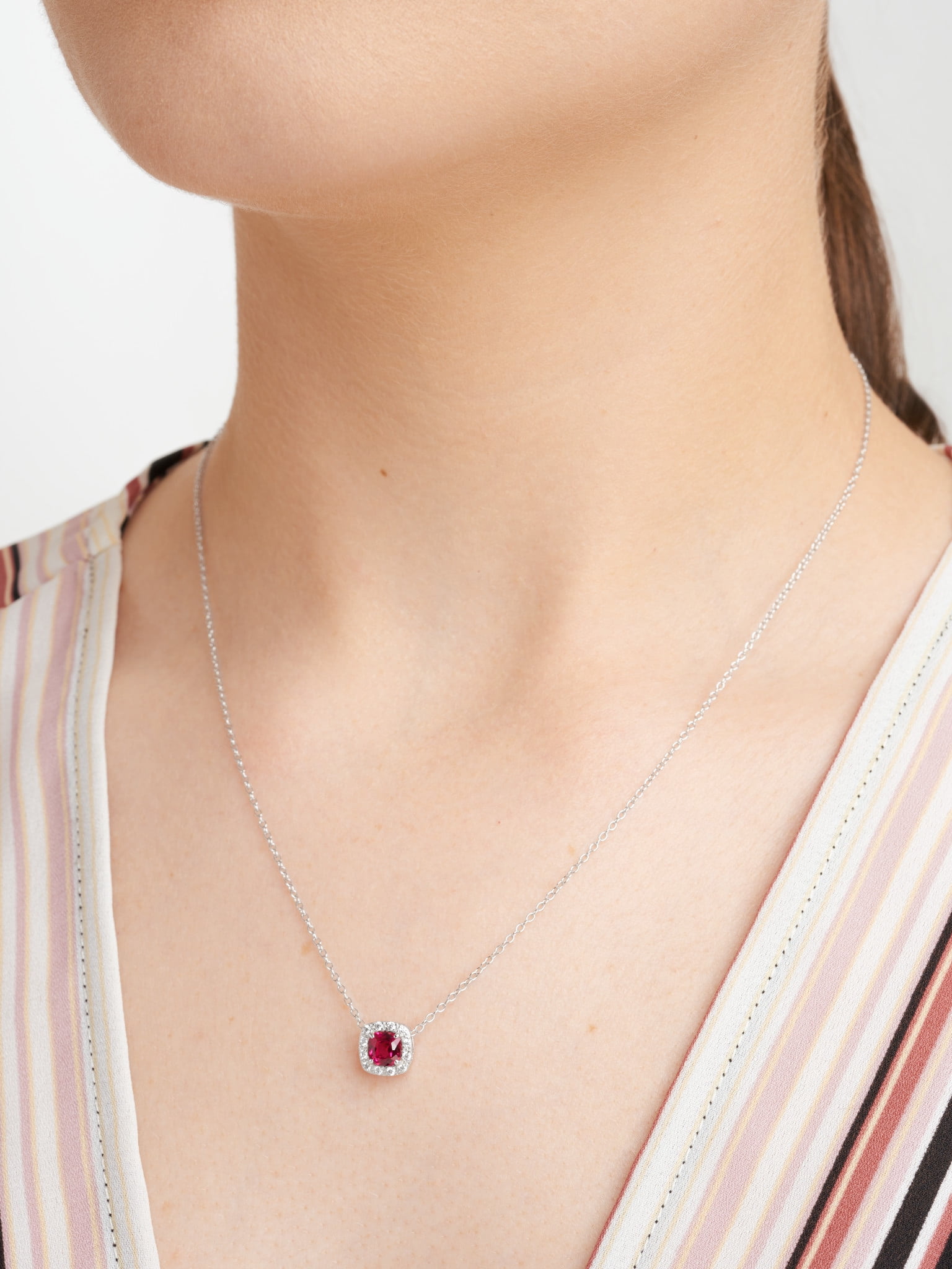 Forever Facets Silver Created Ruby and CZ Necklace in Sterling Silver, Adult Female