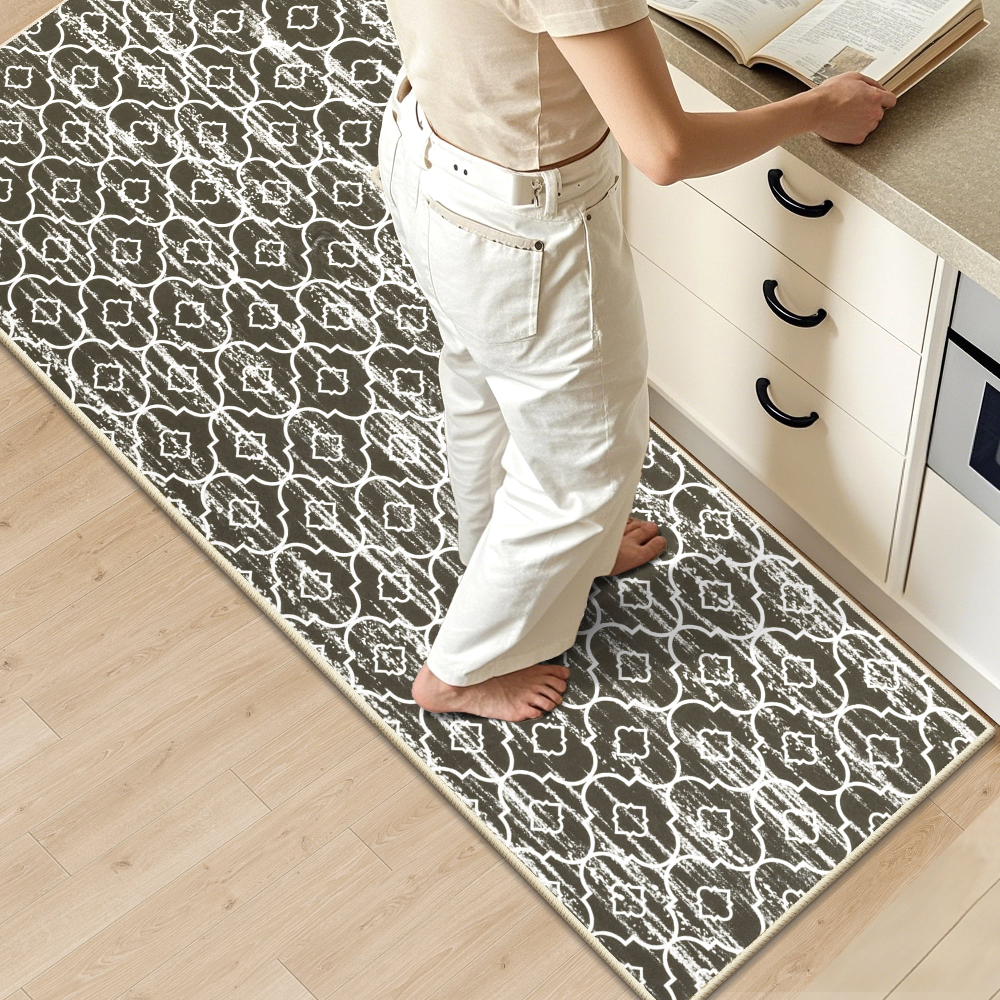 MeyJey Corner Kitchen Rug, 1 Piece Anti-Slip L Shape Kitchen Mat for Floor, Absorbent Runner in Front of Sink, Washable Floor Rugs for Home,Kitchen(Brown-L,24”x 71”x 71”)
