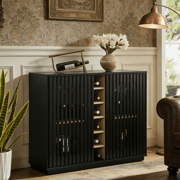 Mid-Century Modern Fluted Hollow Liquor Cabinet with Wine Rack & Glass Holder, Buffet Storage for Living Dining Room