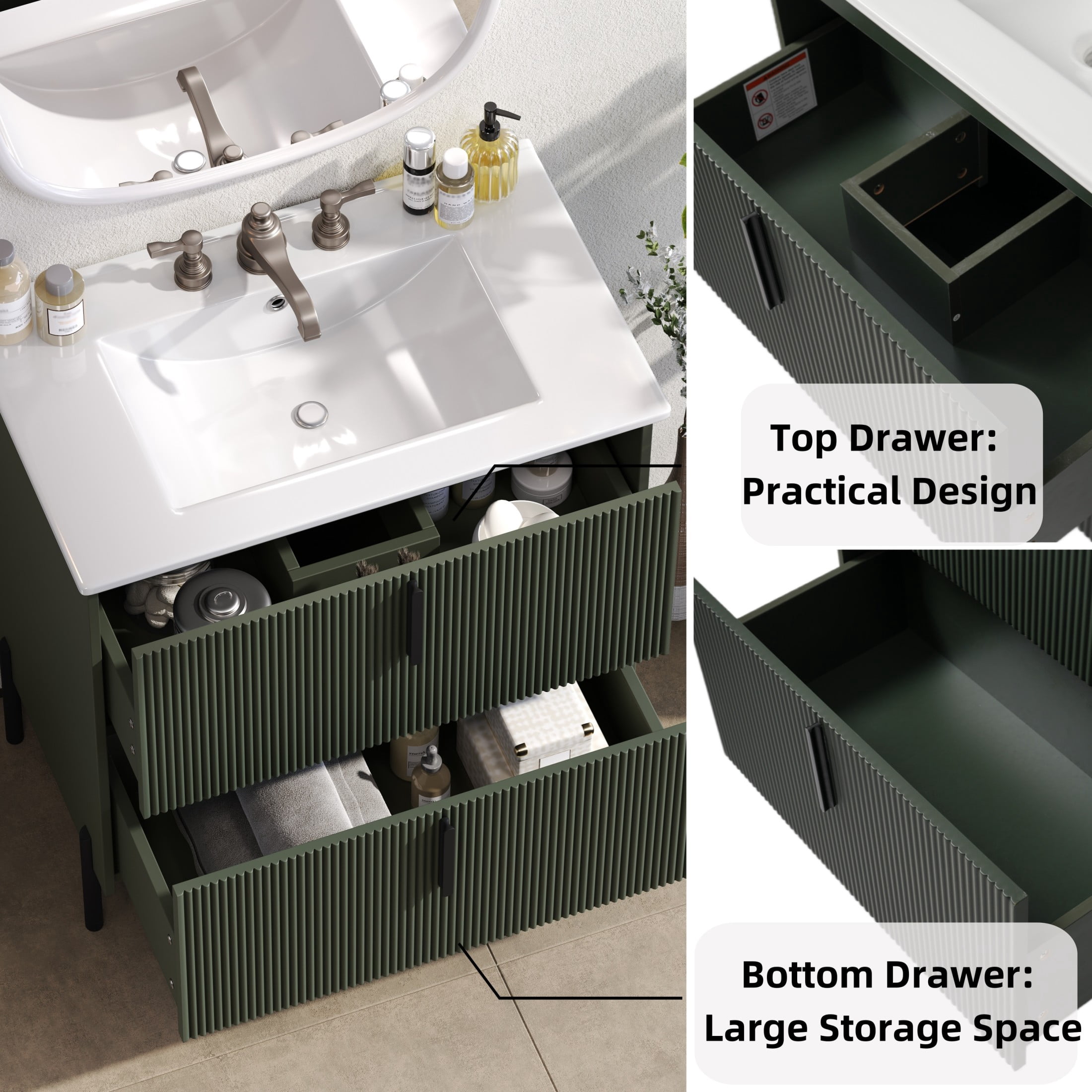Christopher Knight Home 30" Green Bathroom Vanity with Ceramic Sink, Soft Close Drawers, Black Metal Legs