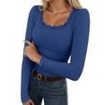 thumbnail image 2 of Long Sleeve Shirts for Women 2026 Spring Square Neck Lace Neckline Ribbed Slim Fit Blouse Undershirt, 2 of 5