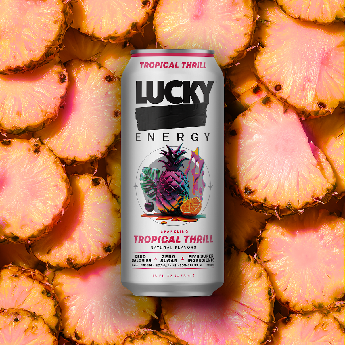 Lucky Energy Sugar Free Energy Drinks, Tropical Thrill, 16oz Cans (12-Pack) Healthy, Zero Sugar Energy Drink with Maca, Ginseng, Beta-Alanine, Taurine & 200mg Caffeine