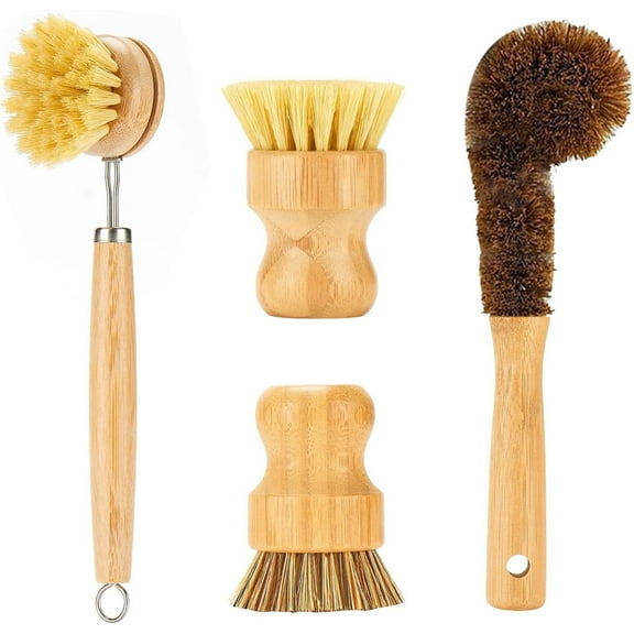 Bamboo Dish Brushes Sets 4 Tools in One Kitchen Clean Dish Scrubber for Pots Pans Bottles with Natural Bristles (Bamboo Brushes Sets)