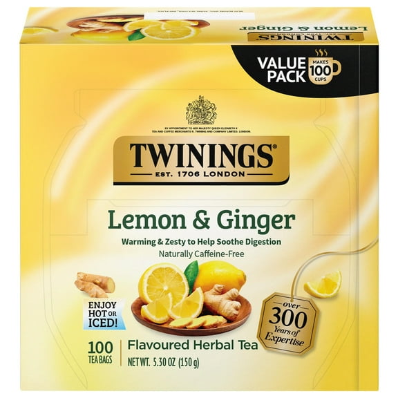 Twinings Lemon & Ginger GP27 Herbal Tea, 100 Individually Wrapped Tea Bags, Tangy Lemon, Spicy Ginger, Naturally Caffeine Free