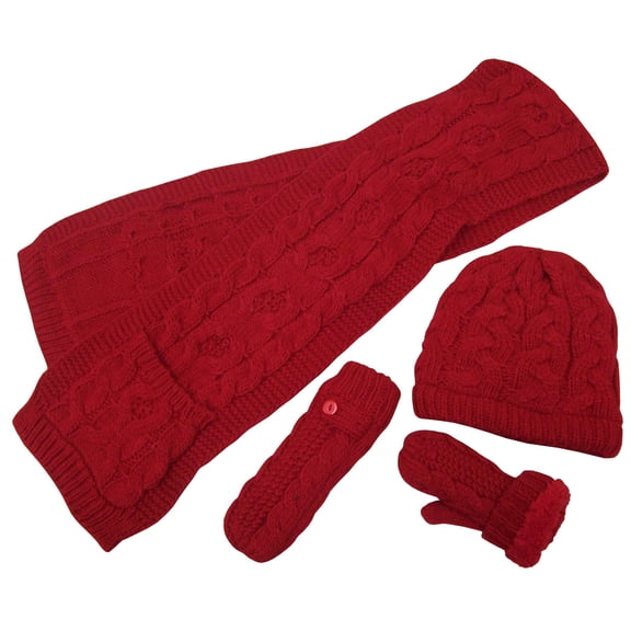 N'Ice Caps Women's Cable Knit 3 Piece Hat Scarf Glove Sherpa Lined Winter Set - Ladies Adults Red