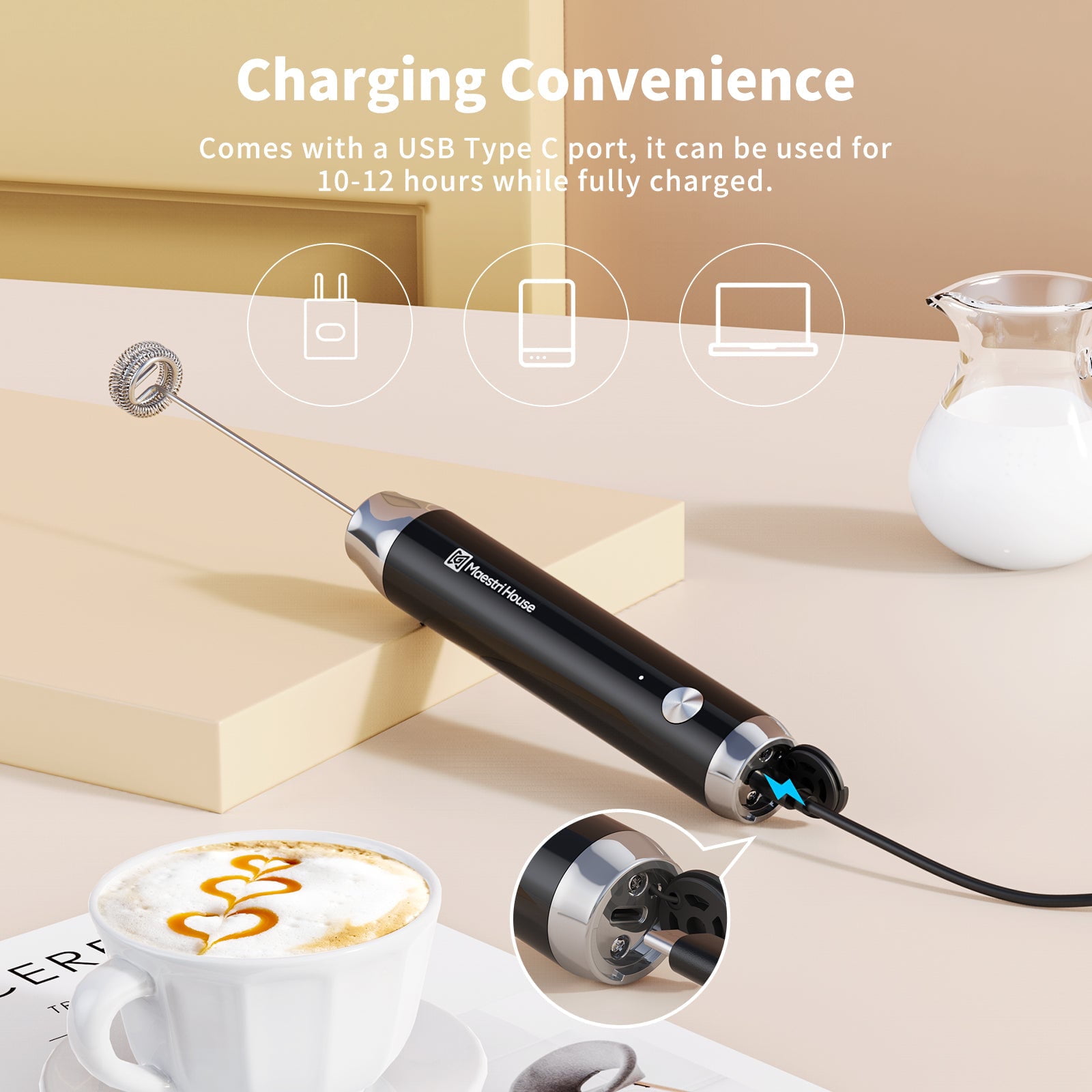 Rechargeable Milk Frother Mixer, Pitcher and Charging Base - 3 Speed  Frother Handheld for Latte, Drinks and Matcha - Includes Cup, Frother for  Coffee