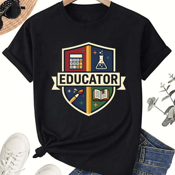 Educator Classroom Crest Graphic T-Shirt, 100% Cotton Unisex Crew Neck Short Sleeve