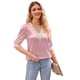 thumbnail image 2 of Top de manga corta con costuras de encaje y cuello en V, camiseta informal con estampado de satén para primavera y verano, rosa XXL, 2 of 6