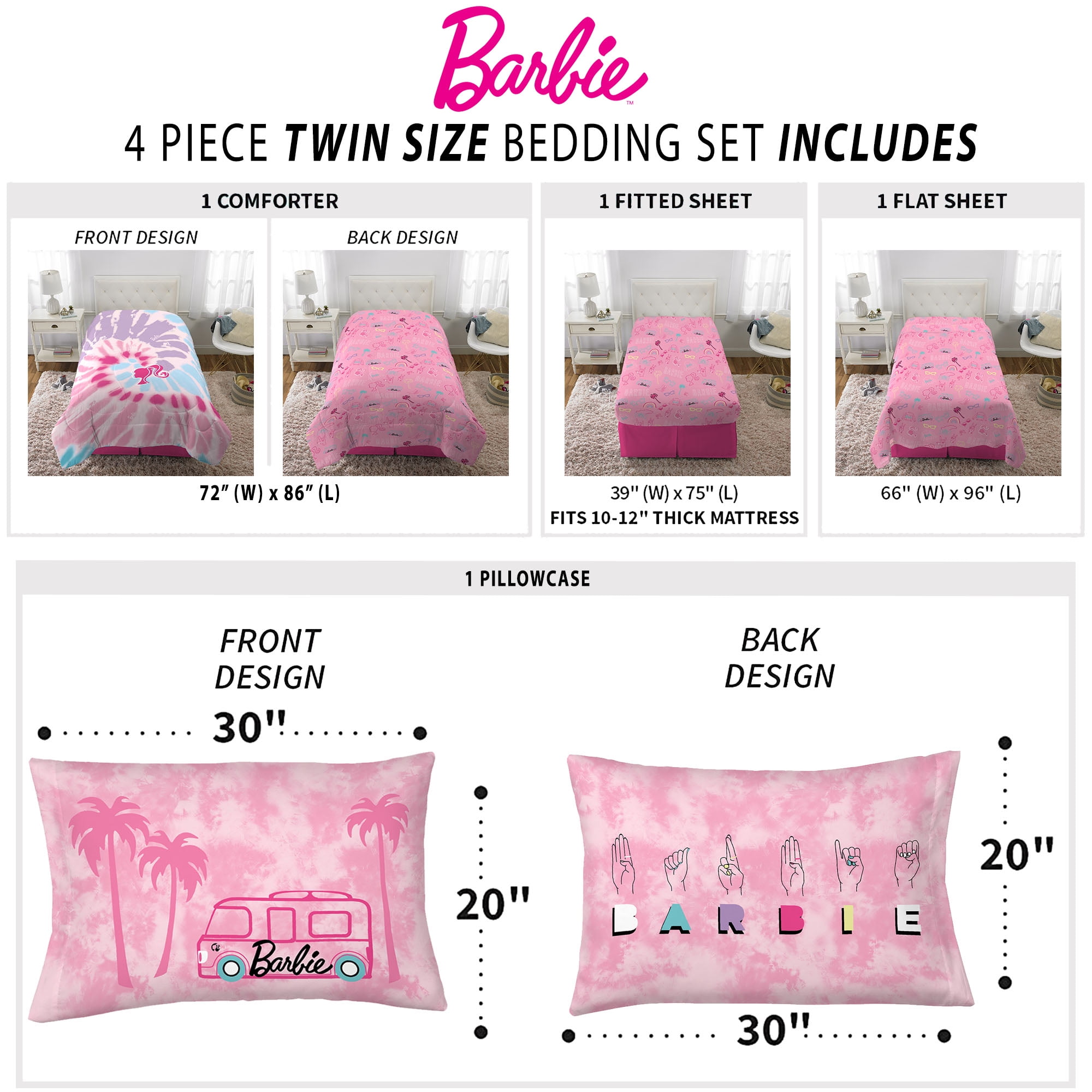 Barbie Kids Twin Tie Dye Bed in a Bag Reversible Comforter and Sheets Mattel Walmart