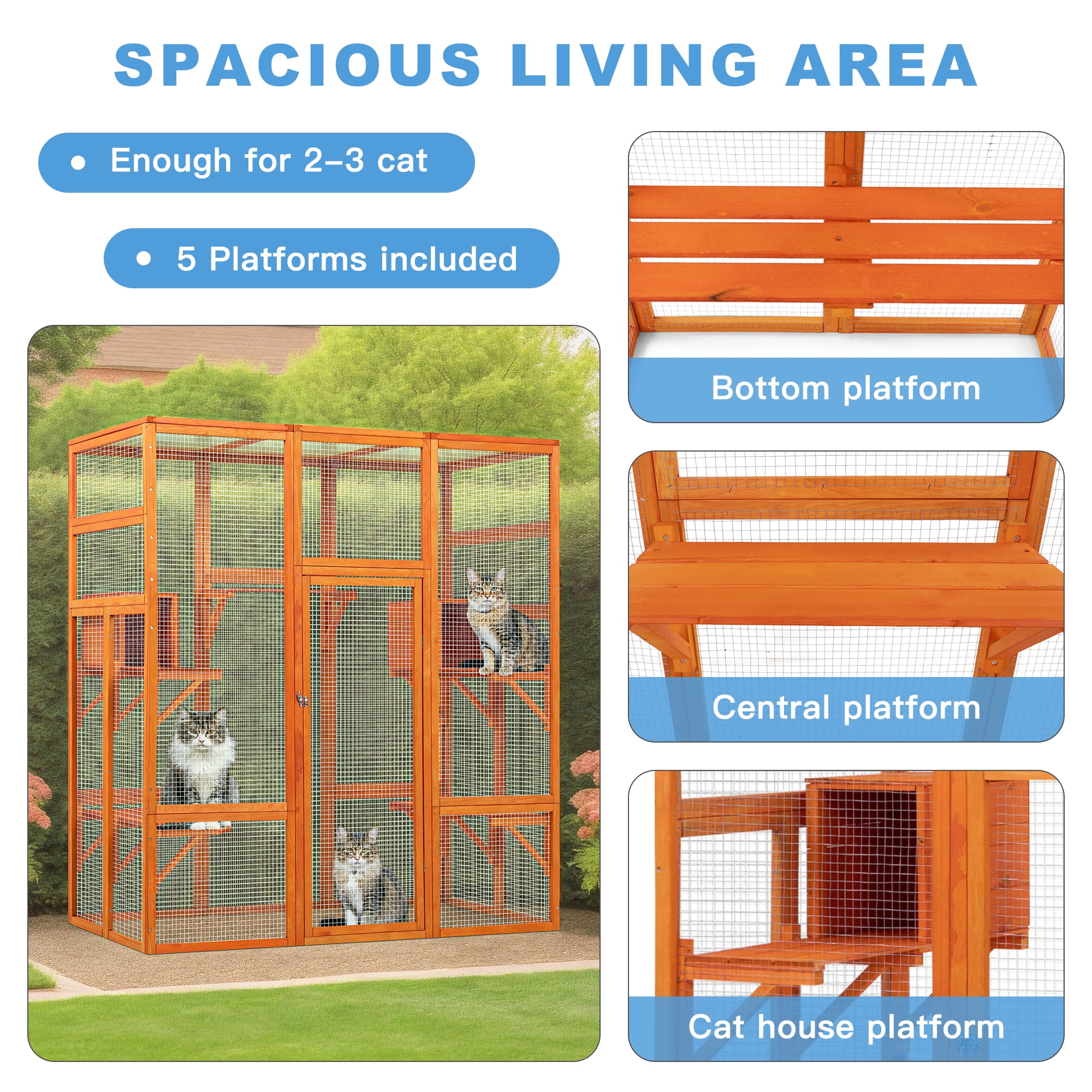 Pefilos 70" Outdoor Cat House for Large Cats, Enclosure Wood Cat Cage with Platforms and Small House, Kitty Catio Condo Playpen, Orange