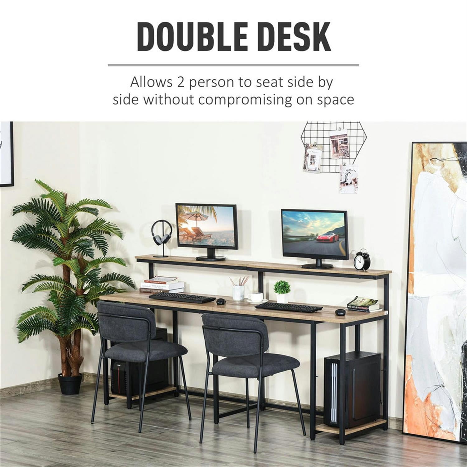 Demi Bonn Modern 2 Person Office Desk with Elevated Monitor Rack, CPU Stand, Home Computer Desk for Living Room, Office, Study, Writing Table PC Desks, Brown