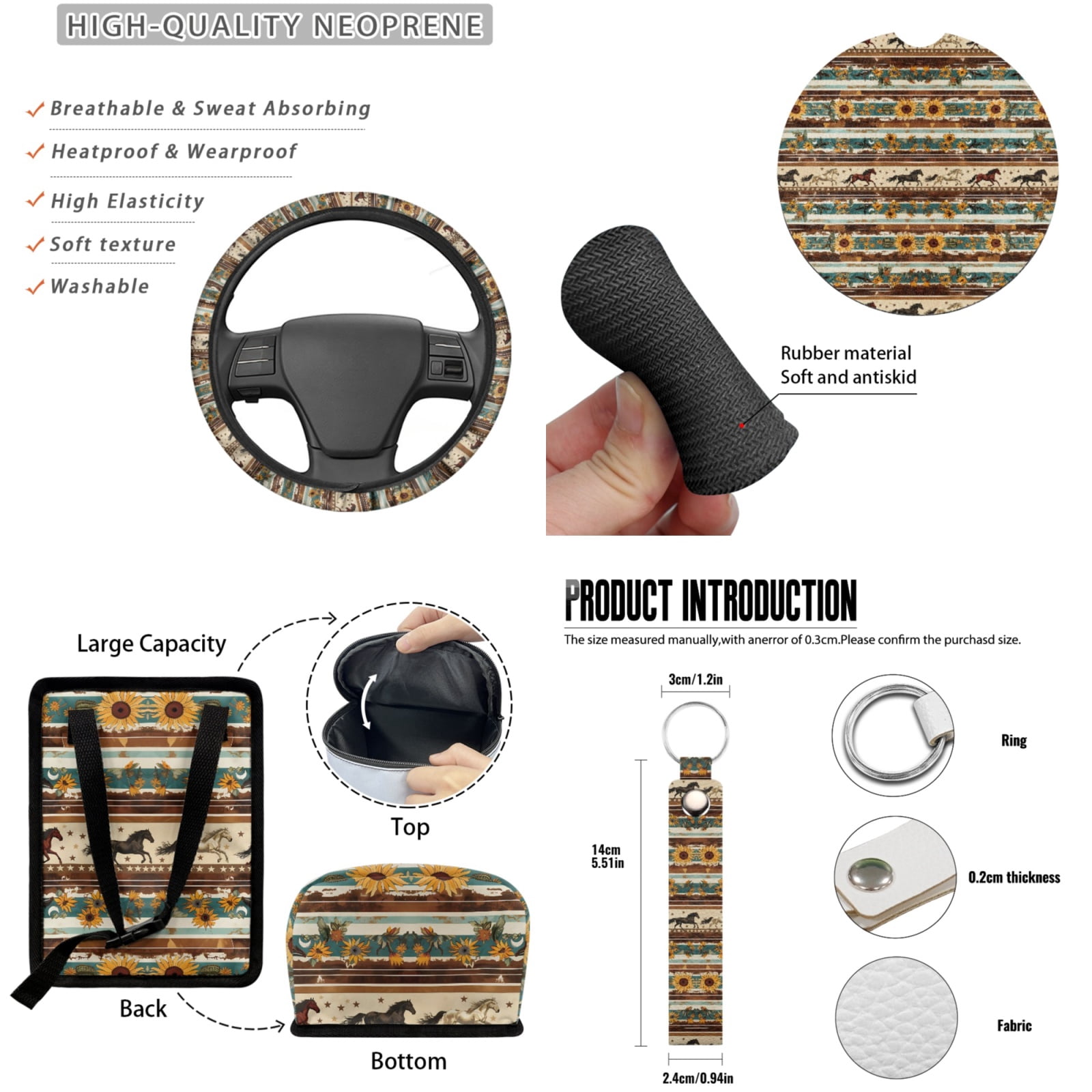 Jeiento Aztec African Car Seat Covers Full Set Car Steering Wheel Accessories Tribal Horse Car Seat Belt Cover Auto Rear View Mirror Cover Car Trash Bin Car Coasters Keychain Chapstick Holder