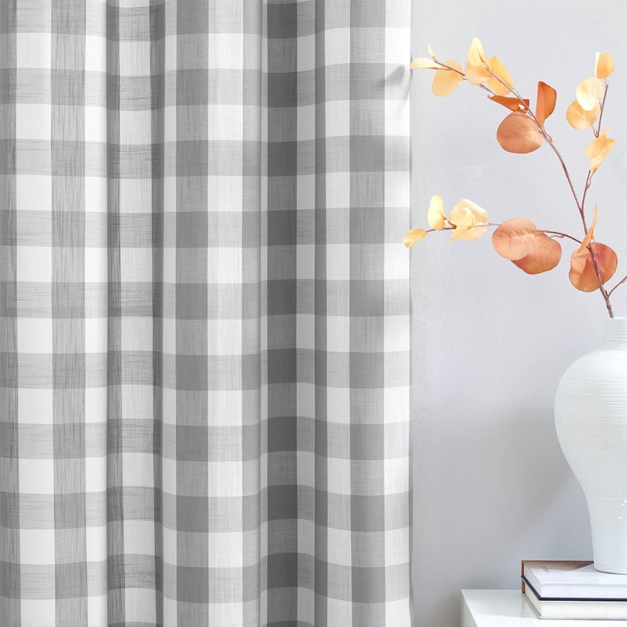 Flowpartex Grey and White Plaid Textured Christmas Semi Sheer Curtains Buffalo Check Drapery Farmhouse Grommet Top Window Drapes for Living Room Bedroom, 40"Wx95"L 2 Panels