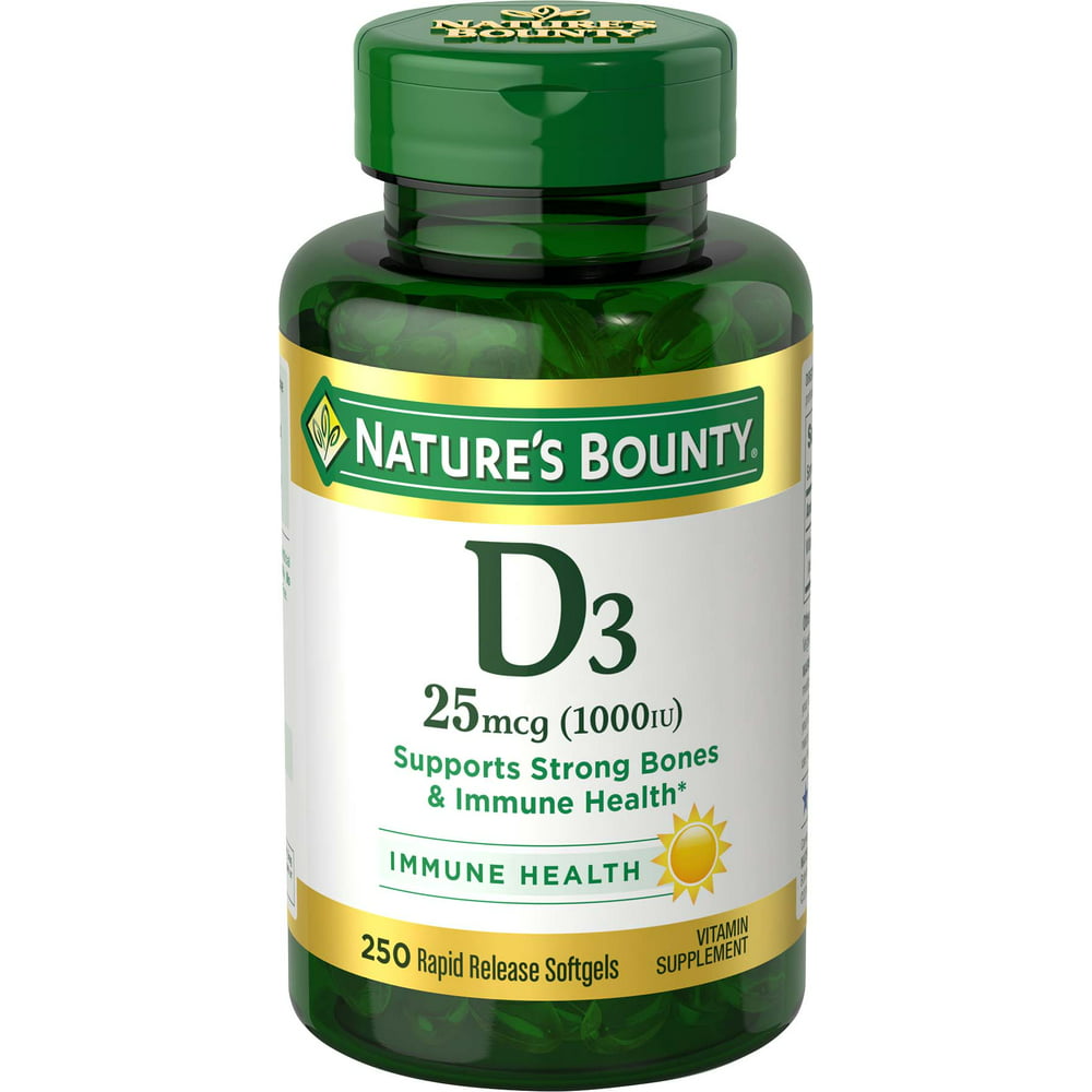 Nature's Bounty Vitamin D3 Softgels, 25 mcg, 1000 IU, 250 Ct - Walmart ...