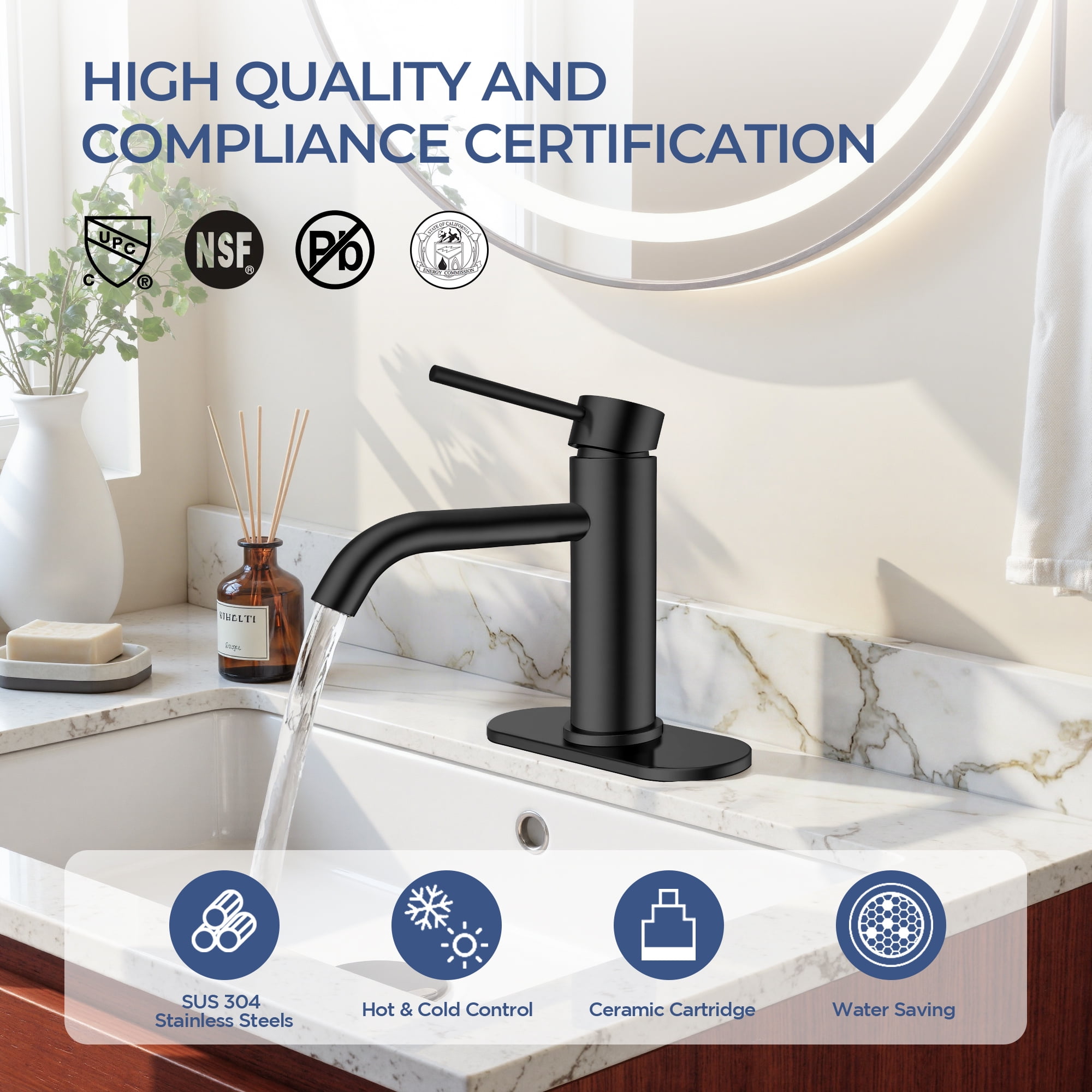 TVOFEK Black Bathroom Faucet 3 Hole, Single Handle Bathroom Sink Faucets with Metal Pop up Drain, Deck Plate and Supply Hoses for Vanity RV Restroom
