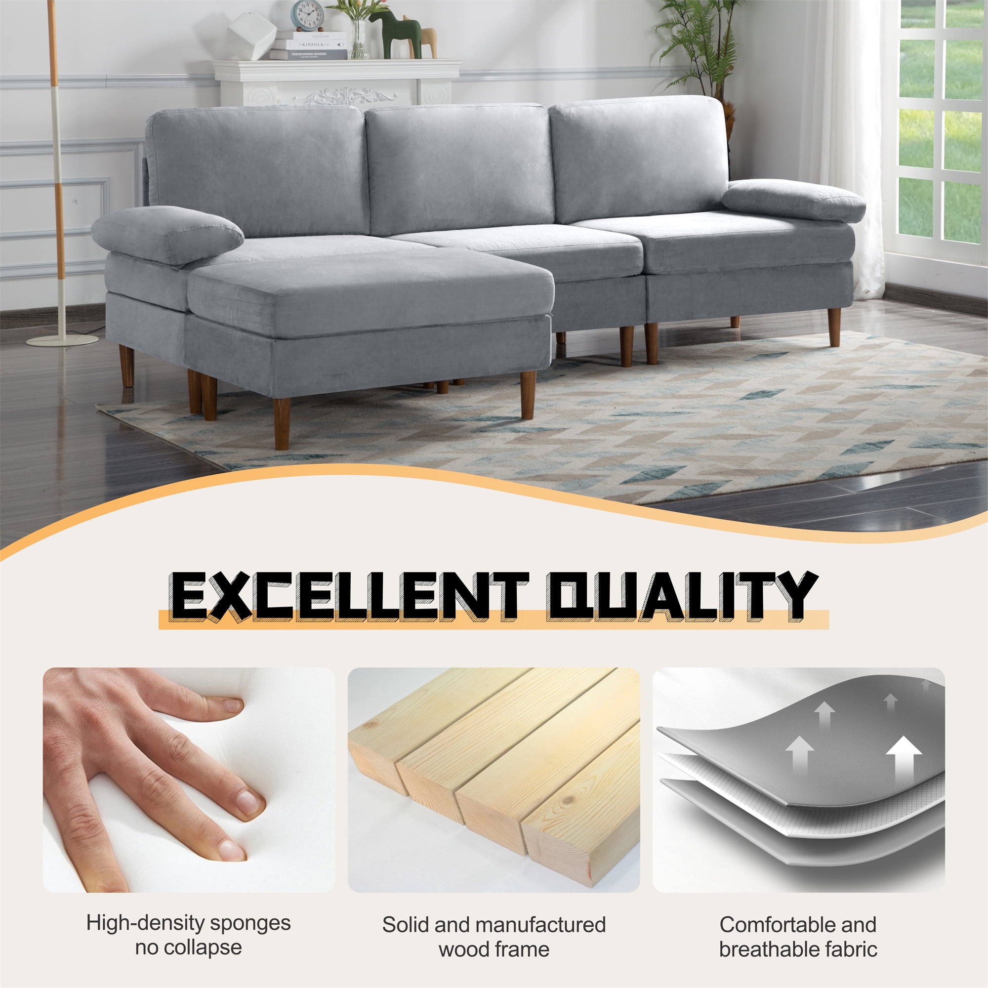 Aukfa 100" Velvet Sectional Sofa Modular Couch with Chaise for Living Room, Gray