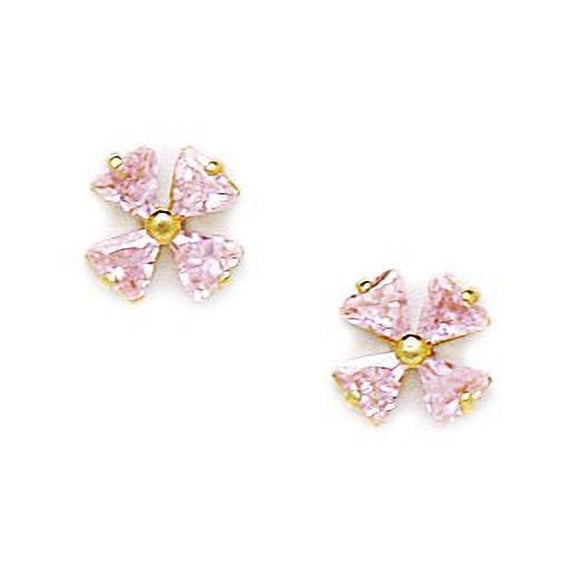 14k Yellow Gold October Pink CZ 4 Petal Flower Screw-Back Earrings - Measures 7x7mm