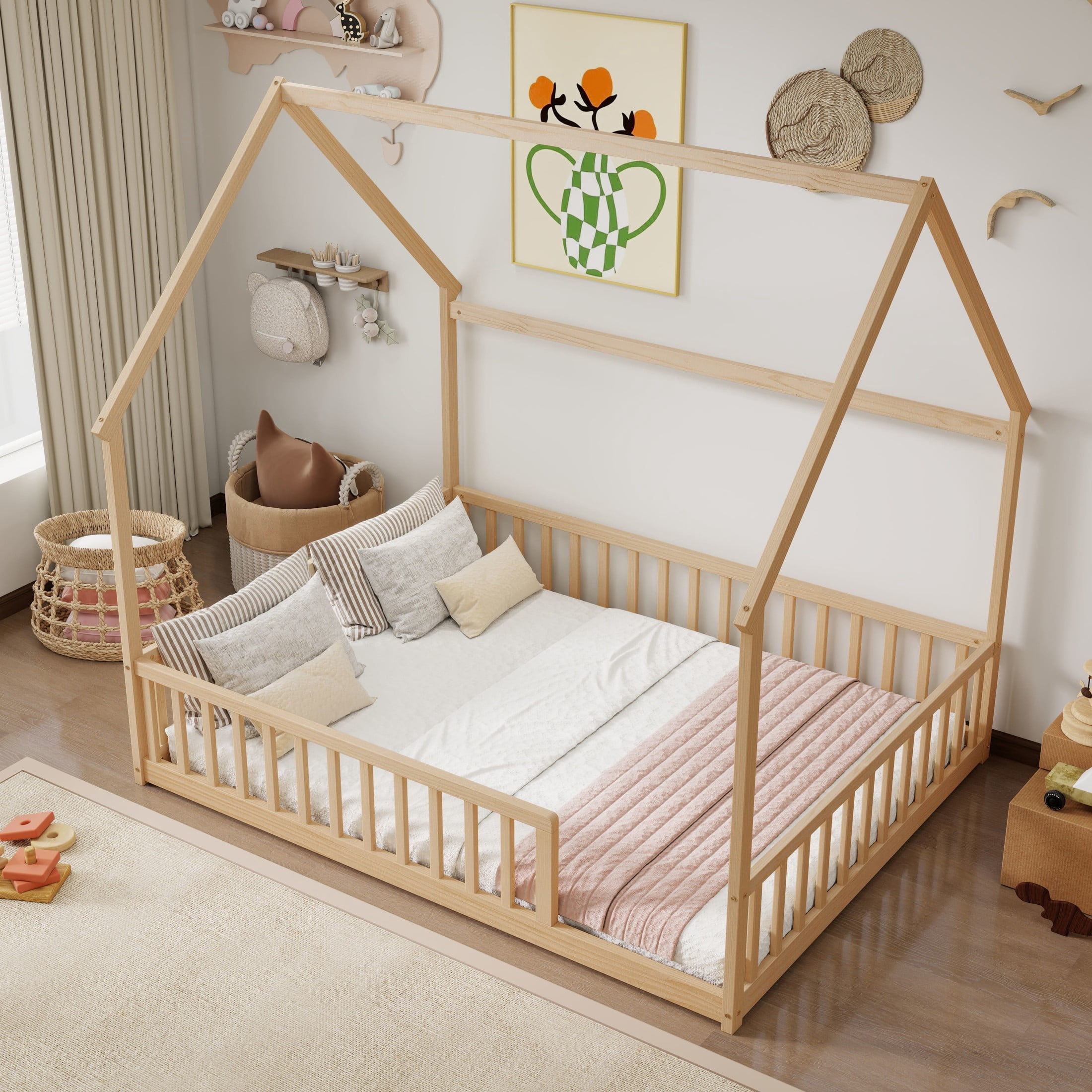 Noble House Morde Full Size House Floor Bed with Gable Roof Frame & Safety Guardrails, Pine Wooden Bed Frame, Natural