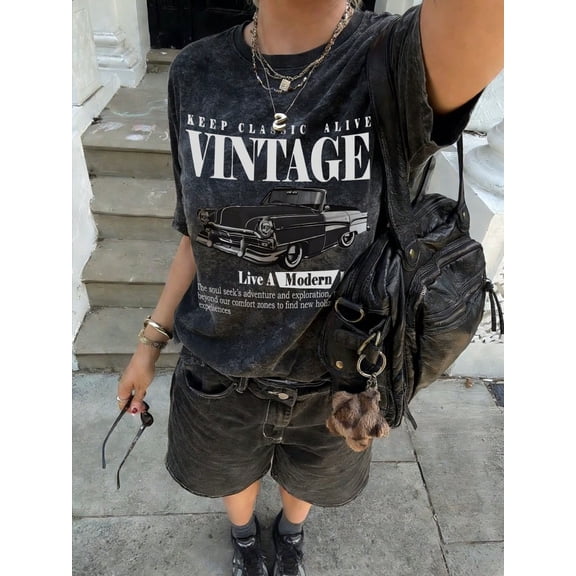 Classic Car Graphic Vintage Oversized Washed High Street Grunge Y2K Short Sleeve Crewneck Cotton Unisex Men's Women's Tee Shirt