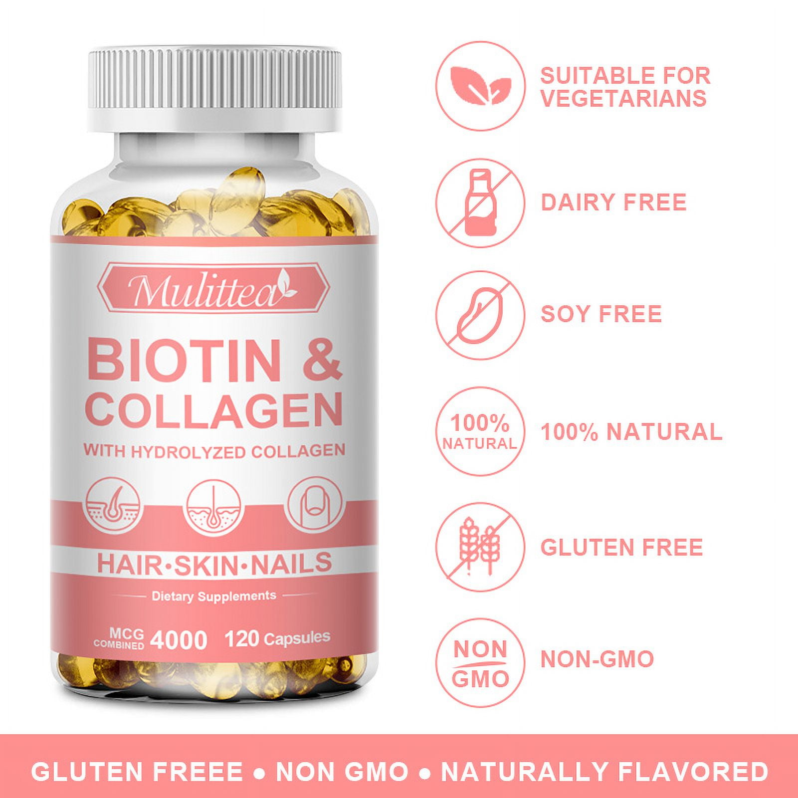 4000MCG Biotin Collagen Capsule - Types I, III, Collagen for Women & Men - Hair Growth Support Supplement - Skin, Nails Beauty Complex - 120 Count（2 Pack）