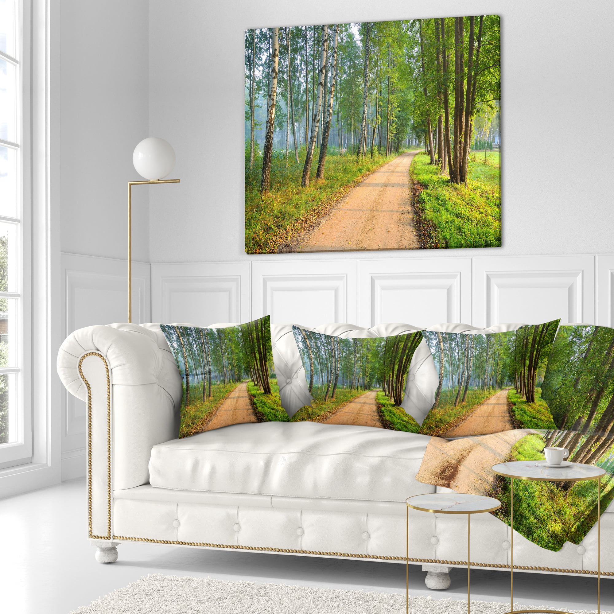 Designart Road in Green Morning Forest - Landscape Photo Throw Pillow - 16x16