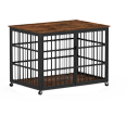 thumbnail image 3 of Gzxs 43.3 Inch Wooden Dog Crate Furniture with Wrought Iron Frame, Heavy-Duty Large Dog Cage End Table with Lockable Wheels, Modern Indoor Dog Kennel for Dogs up to 70lbs, Rustic Brown, 3 of 9