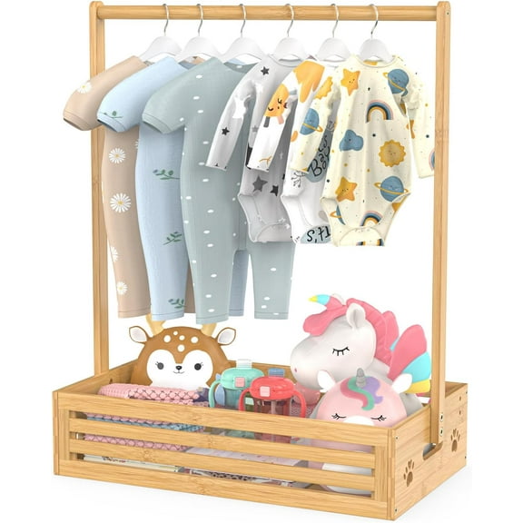 Clothing Rack for Toddler, Pets Clothes Rack with Storage Box & Adjustable Hanging Rod for Dogs/Cats, Baby Shower Clothes Closet Rack with Handle for Nursery Room, Natural Bamboo