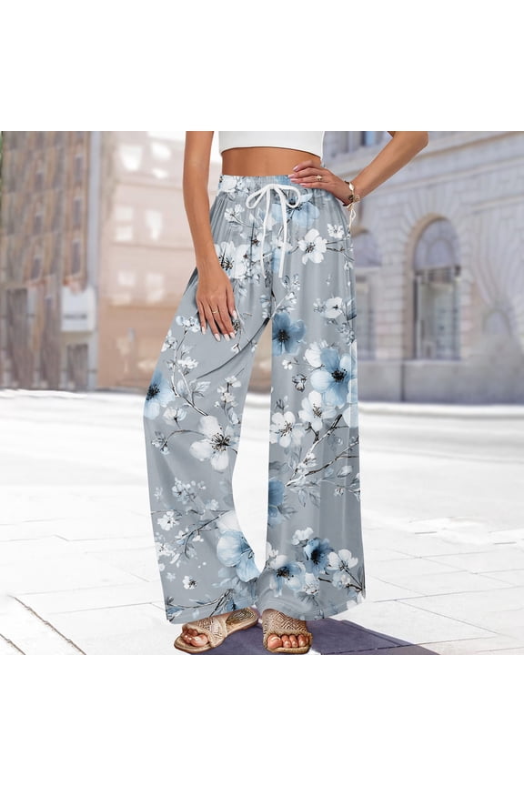 Women's 2026 Boho Print Wide Leg Pants Elastic Waist Flowy Beach Palazzo Lounge Trousers Gray 2XL