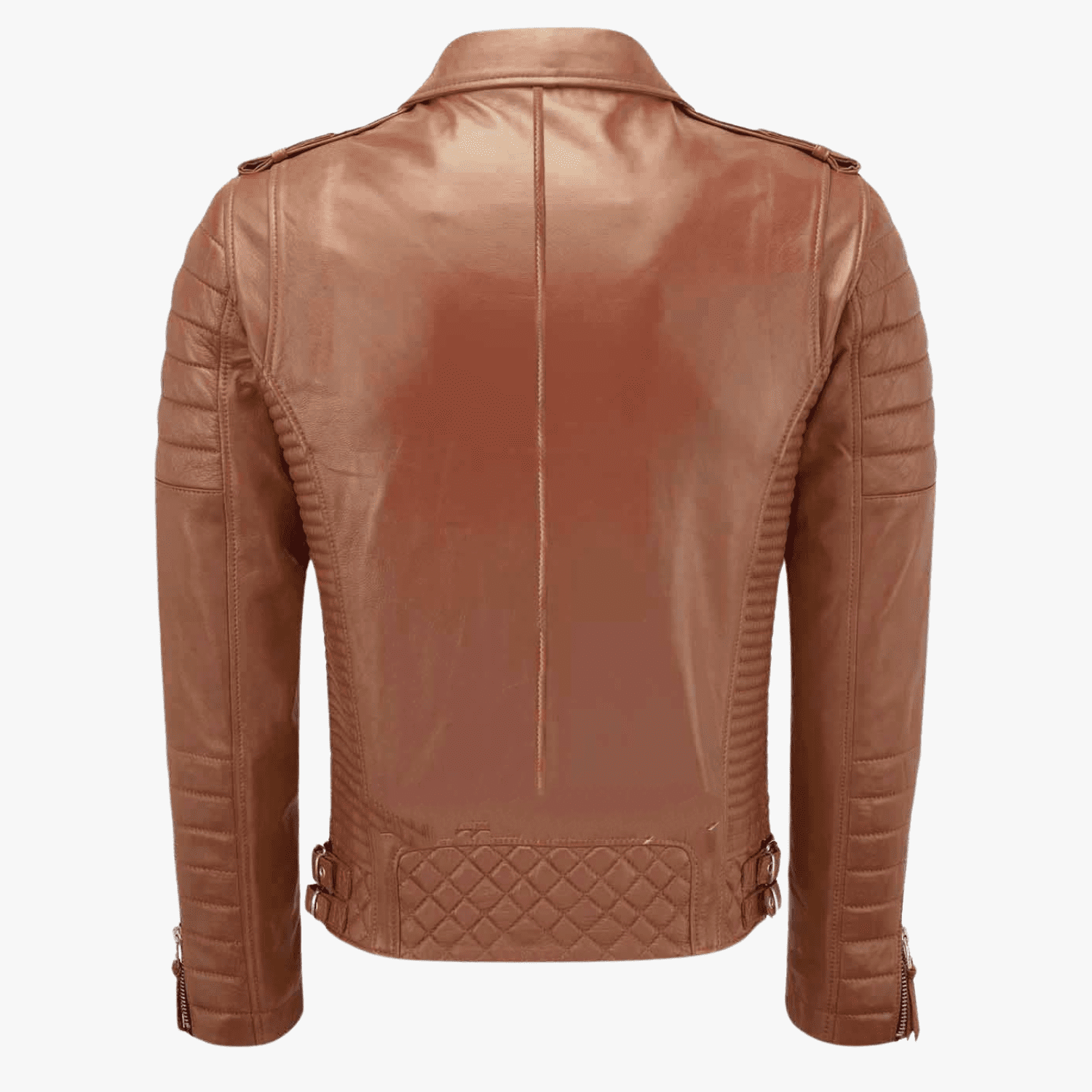 Mens Quilted Leather Jacket Tan Motorcycle Biker Leather Jacket With Zipper & Pocket
