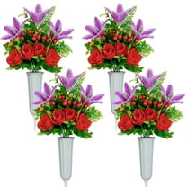 ZULAR Artificial Cemetery Flowers for Grave,Set of 4 Artificial Flowers Bouquet Memorial Flowers with Vase for Outdoor Cemetery Headstones Graveyard Gravestone Decoration (Red Rose-4Pcs)