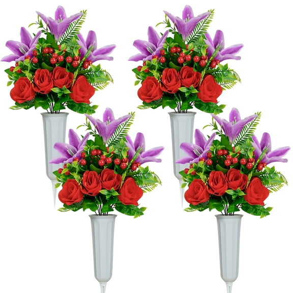 ZULAR Artificial Cemetery Flowers for Grave,Set of 4 Artificial Flowers Bouquet Memorial Flowers with Vase for Outdoor Cemetery Headstones Graveyard Gravestone Decoration (Red Rose-4Pcs)