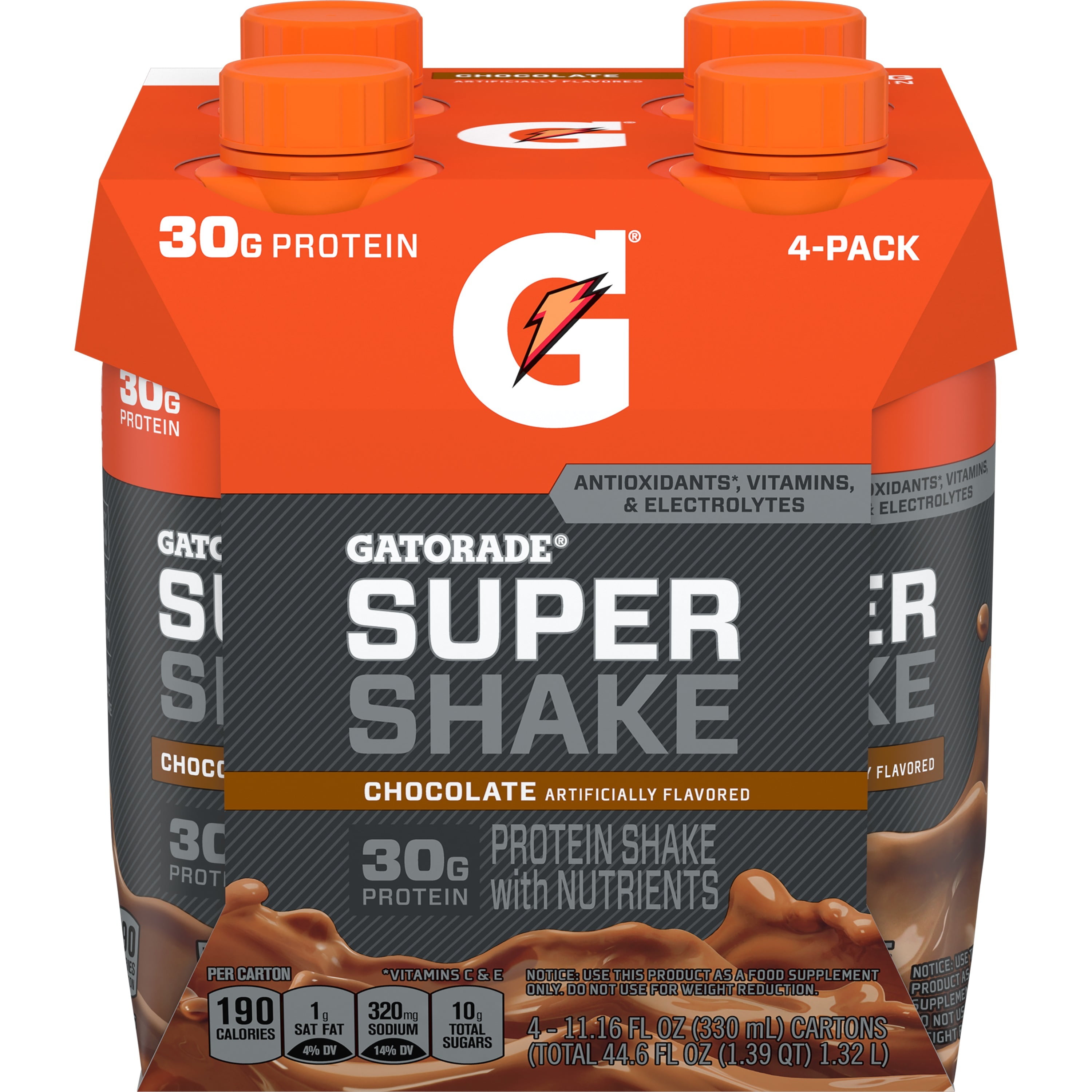 Gatorade Super Shake Protein Shake With Nutrients, Chocolate, 11.16 Fl Oz 4 ct