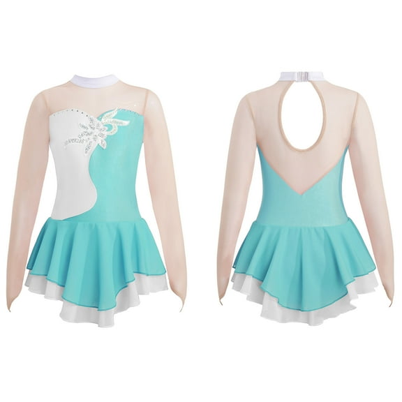 YONGHS Kids Girls Long Sleeve Leotard Gymnastic Figure Ice Skating Dress 6-16