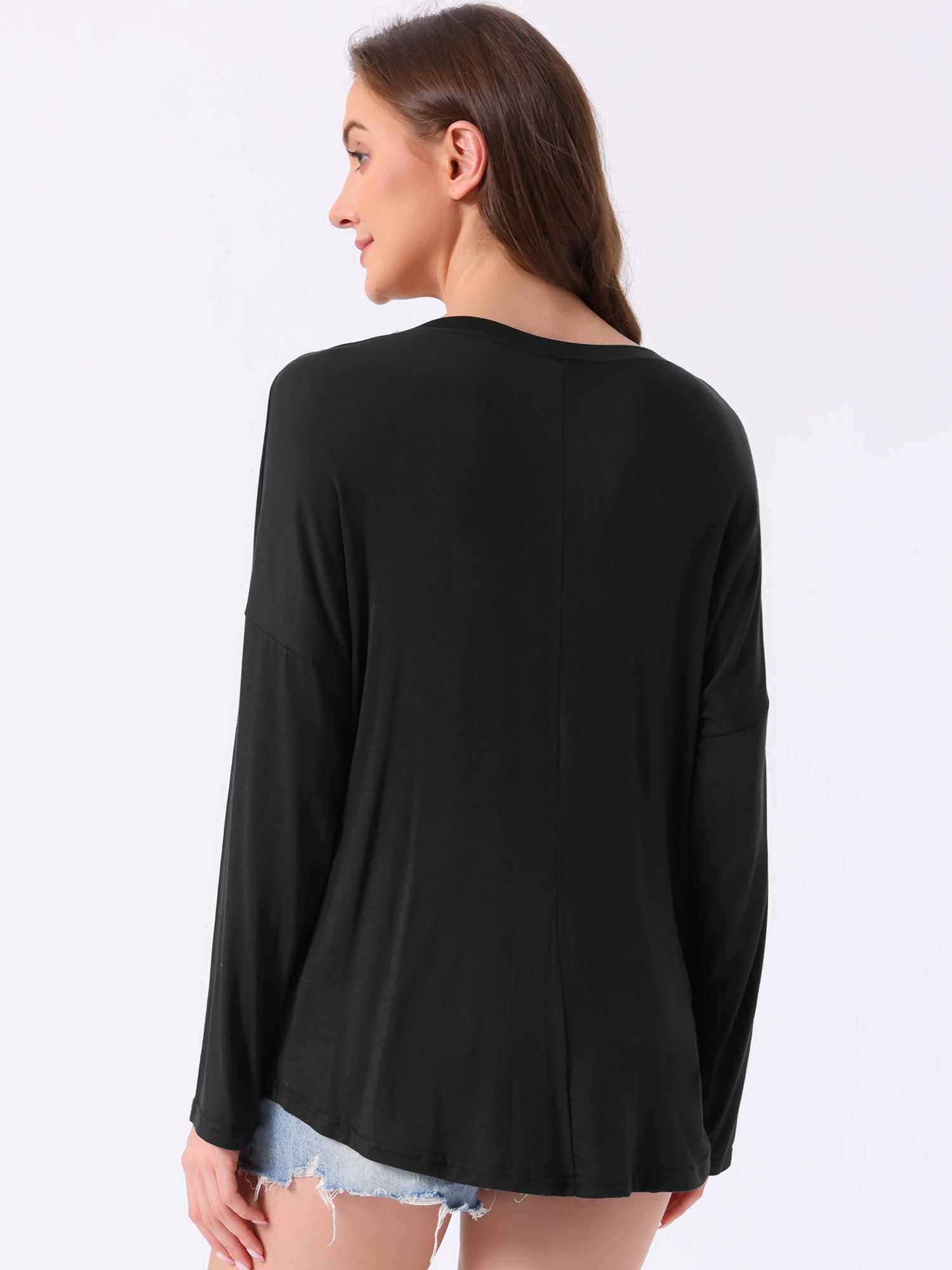 DARING DIVA Long Sleeve Oversized Round Neck Sleepwear Shirts S Black