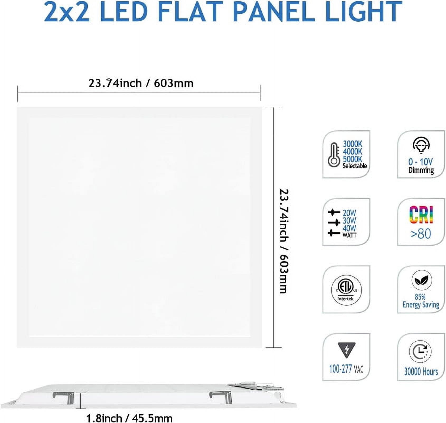 8 Pack 2x2 LED Flat Panel Light Drop Ceiling 0-10V Dimmable, 20W/30W/40W Selectable, 3000K 4000K 5000K Switchable, 120-277V, ETL Listed