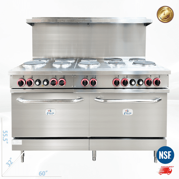 Cooler Depot 60" Commercial Electric Range, 10 Burners, Double Oven.