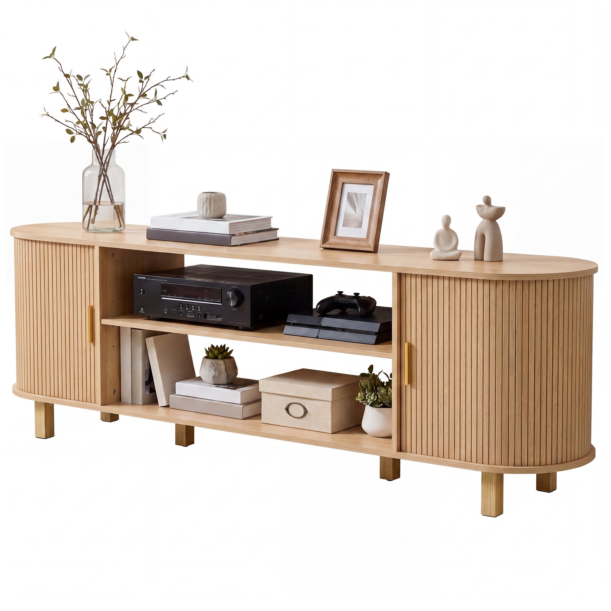 Uforic 70 Inch Mid Century Modern TV Stand with Fluted Rolling Doors and Adjustable Shelves, Fits Up to 75 Inch TV for Living Room, Beige