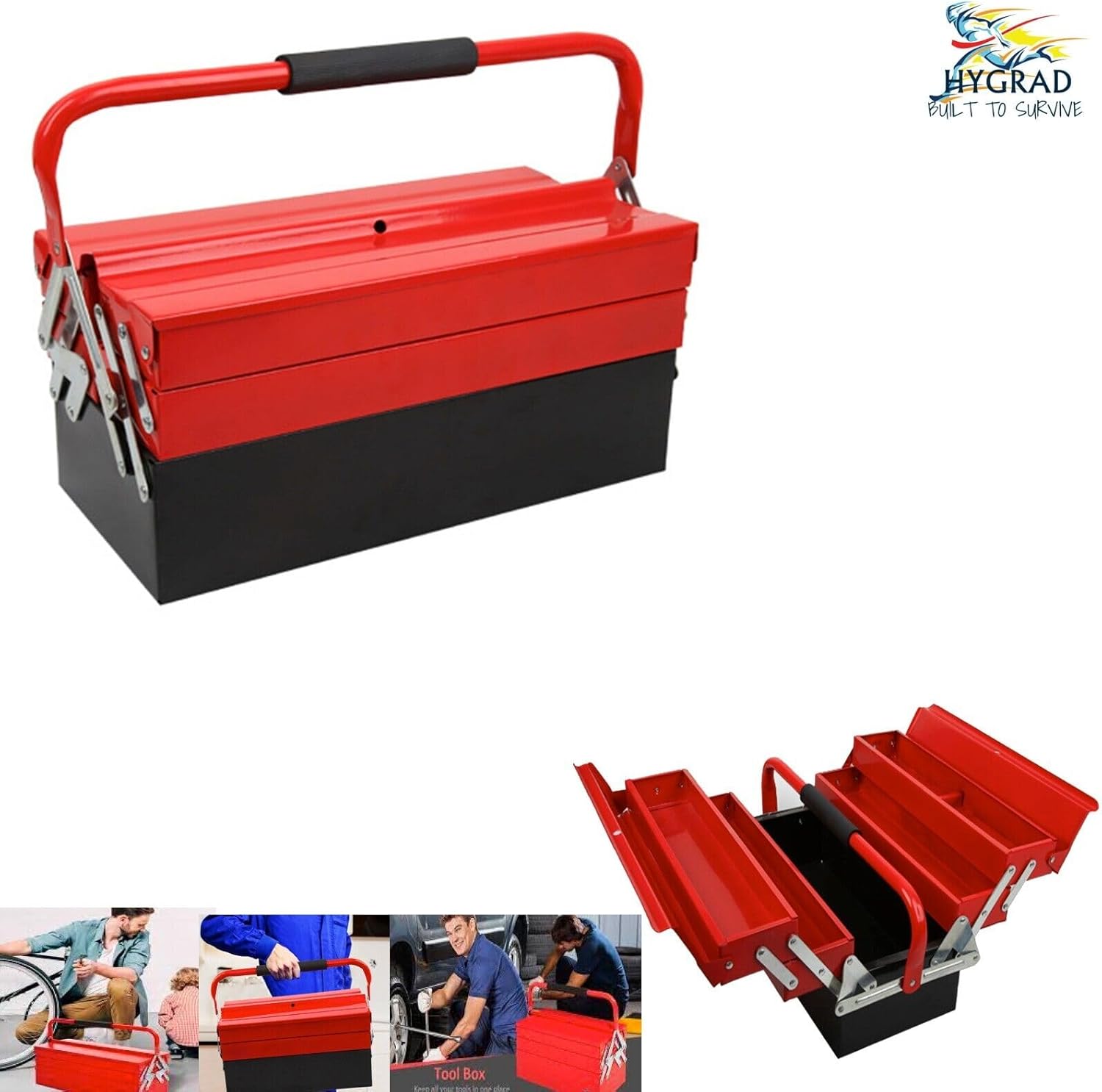 Large Metal Tool Box Heavy Duty Cantilever 3 Tier Portable Traditional Style Tool Case Organiser For Builders Handy Men