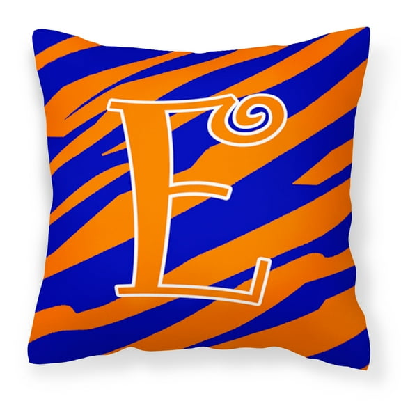 Letter E Initial Tiger Stripe Blue and Orange Fabric Decorative Pillow