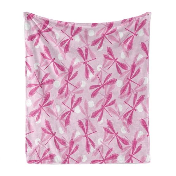 Dragonfly Soft Flannel Fleece Blanket, Vibrant Spring Theme Beauty Pattern with Winged Inspirational Insect Image, Cozy Plush for Indoor and Outdoor Use, 70" x 90", Fuchsia Baby Pink, by Ambesonne