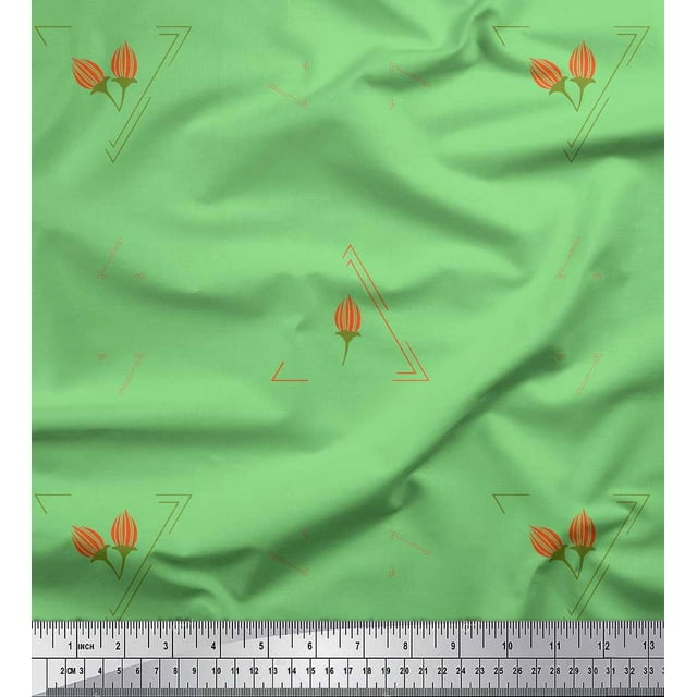 Soimoi Green Velvet Fabric Flower Buds & Triangle Geometric Decor Fabric Printed Yard 58 Inch Wide