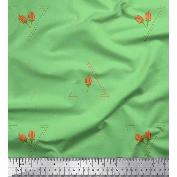 Soimoi Green Cotton Duck Fabric Flower Buds & Triangle Geometric Decor Fabric Printed Yard 42 Inch Wide