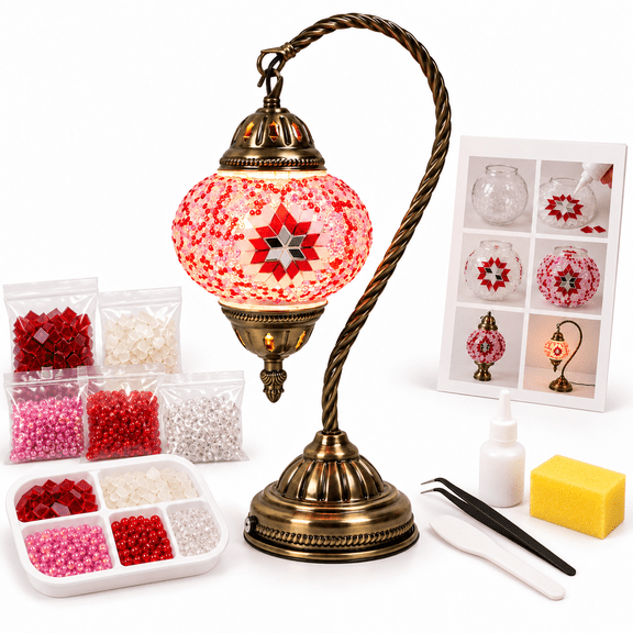 MEHOOM DIY Rechargeable Turkish Mosaic Lamp Kit, 3-Color Light & Stepless Dimming, Cordless Swan Neck Table Lamp, Moroccan Glass Craft Kit for Adults, LED Bulb Included, Swan Pink