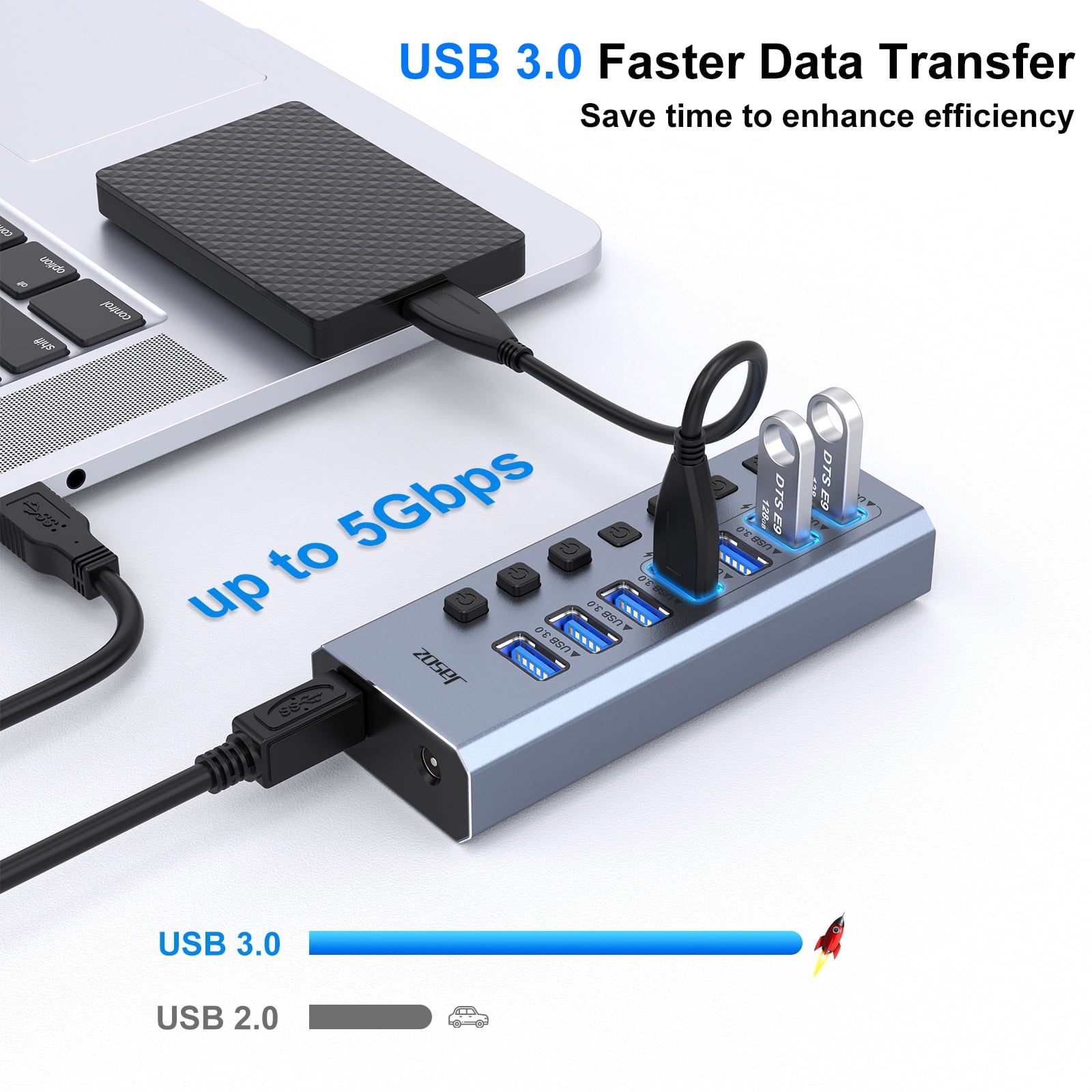 Powered USB Hub 3.0 with ac Adapter -7 USB 3.0 Data Transfer Ports, 4 Charging Ports with Individual On/Off Switches, Power Adapter Included