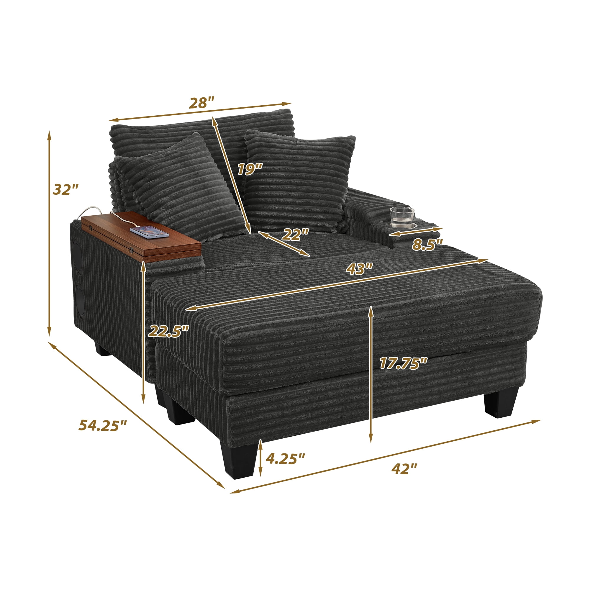 Chaise Lounge Chair Indoor,Corduroy Single Upholstered Sofa Bed with Ottoman,Cup Holder & USB Ports,180°Rotating Table Board for Living Room,Bedroom,Apartment,Dark Gray