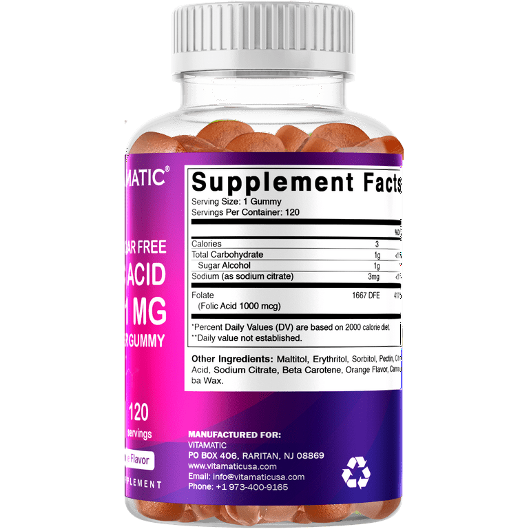 Vitamatic Ácido fólico 1000 mcg (1 mg) - Tabletas vegetarianas - 1667 mcg  DFE - Vitamina B9 (240 unidades (paquete de 1))
