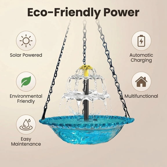 Solar Cascade Hanging Bird Bath Fountain,Outdoor Garden Water Feature with Solar Pump,Large Glass Bowl Attracts Hummingbirds and Wild Birds for Patio Backyard Lawn Decor,Gray